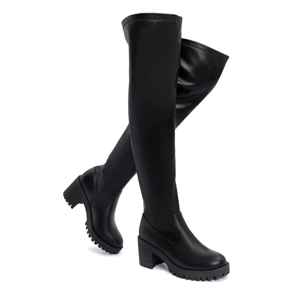 Black Block Heel Platform Over The Knee Boots - Picture 3 of 5